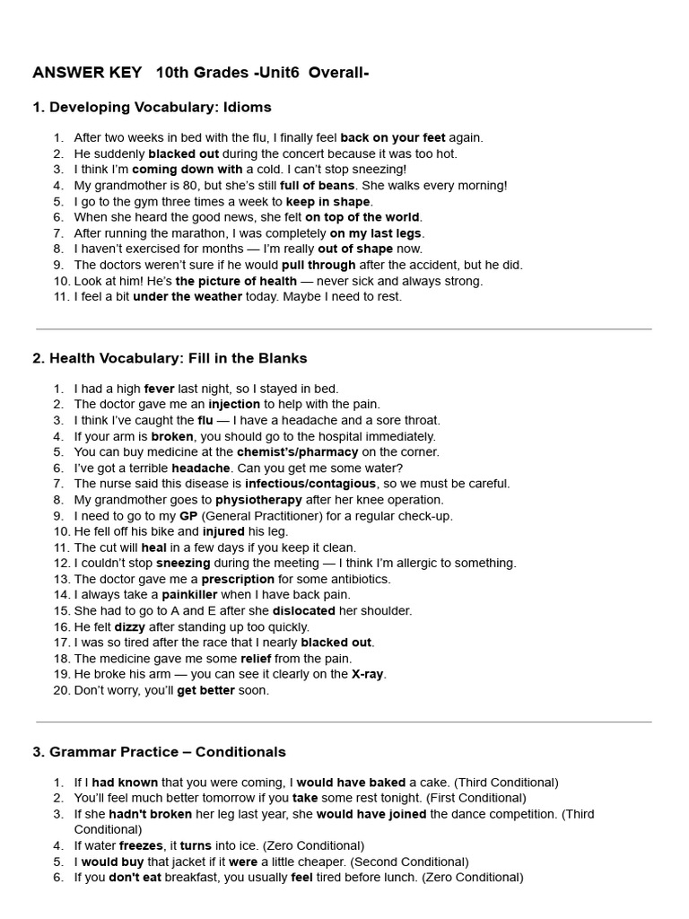 10th Grades - Unit6 Overall - ANSWER KEY | PDF