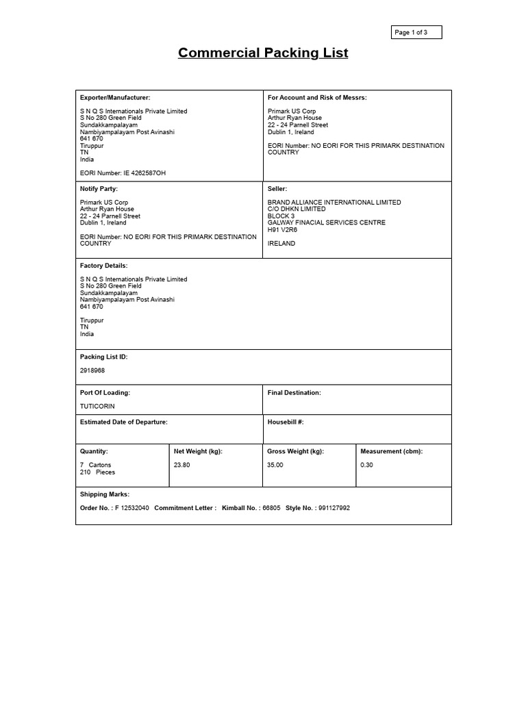 Commercial Packing List | PDF