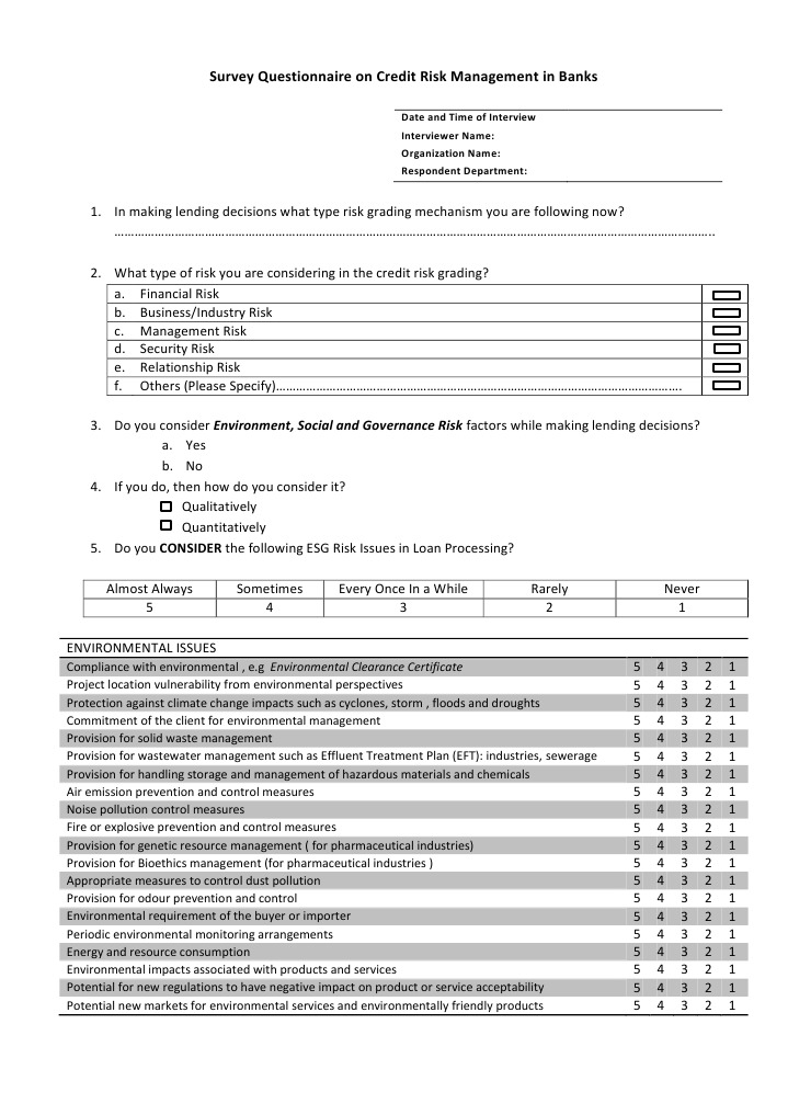 Credit Risk Management Questionnaire PDF Risk Management Employment