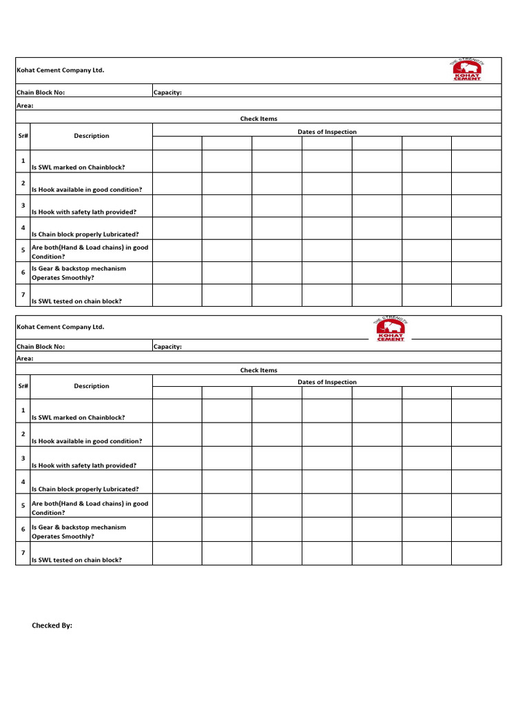 Chain Blocks Inpsection Checklist KCCL | PDF