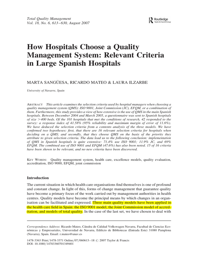 2007 - How Hospitals Choose A Quality Management System - Relevant ...