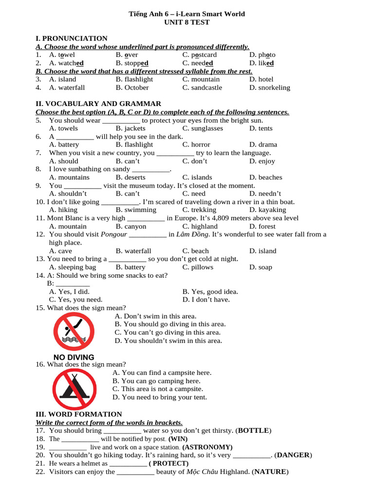 Tiếng Anh 6 Smart World - Unit 8 Test - Answer Key | PDF