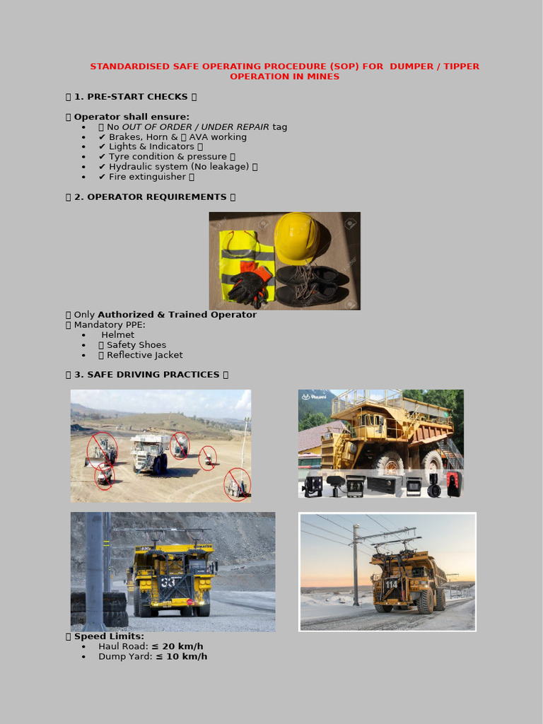 Standardised Safe Operating Procedure (Sop) For Dumper or Tipper ...