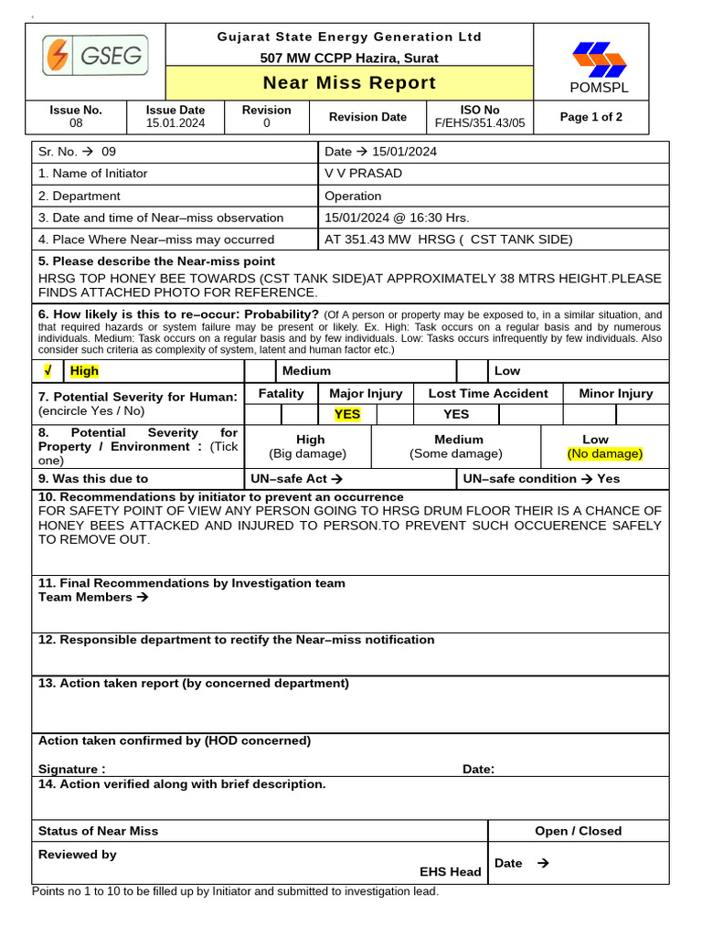 4 - Near Miss Report HRSG Honey Bee | PDF