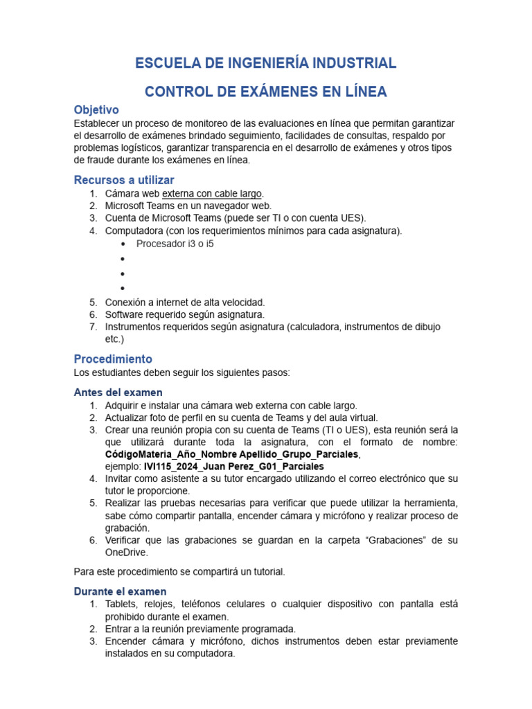 Propuesta de Control para Exámenes para El Modelo en Línea | PDF ...