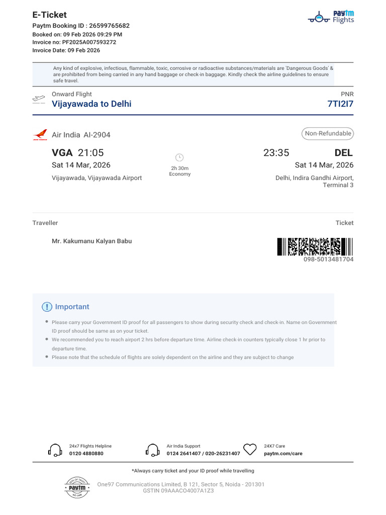 Flight Ticket VJY - DEL | PDF
