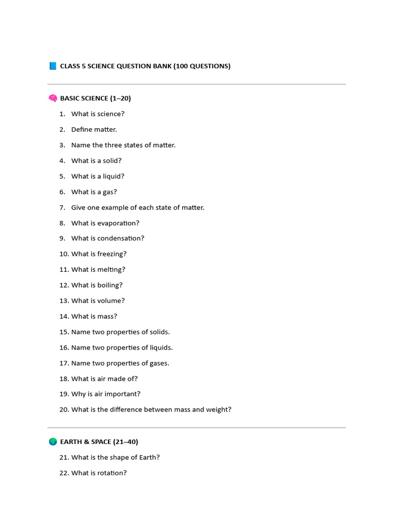 ? Class 5 Science Question Bank | PDF | Plants | Earth