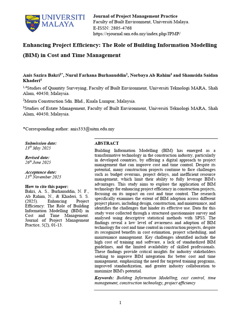 Enhancing Project Efficiency BIM in Cost & Time Management (Malaysia ...