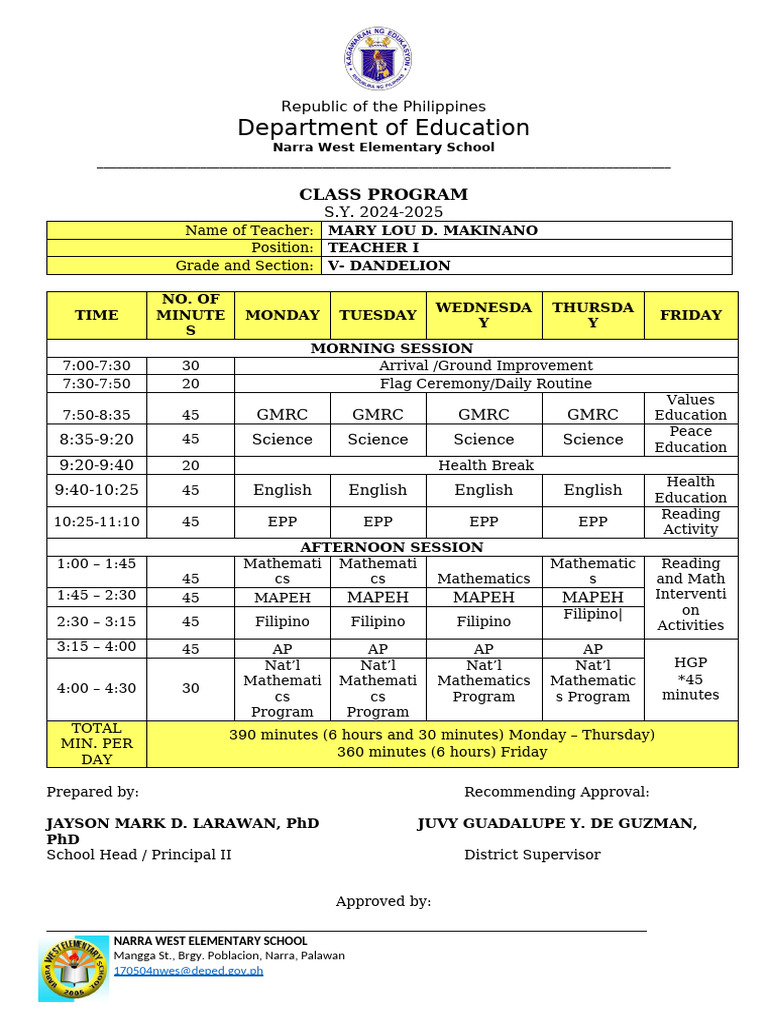 Grade 5 - Class Program 2024 2025 | PDF