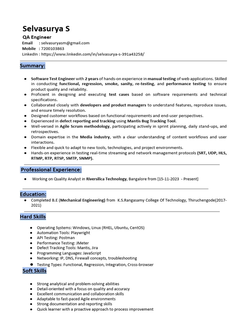 Selvasurya QA Engineer | PDF