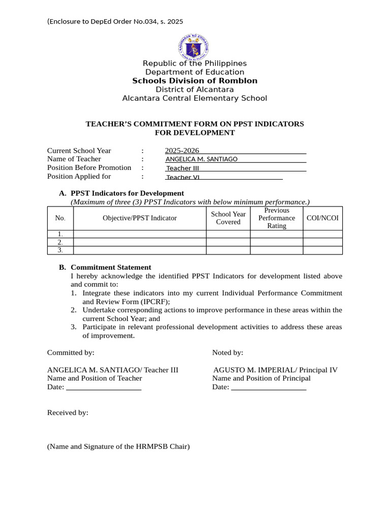 Teacher Commitment For of PPST | PDF