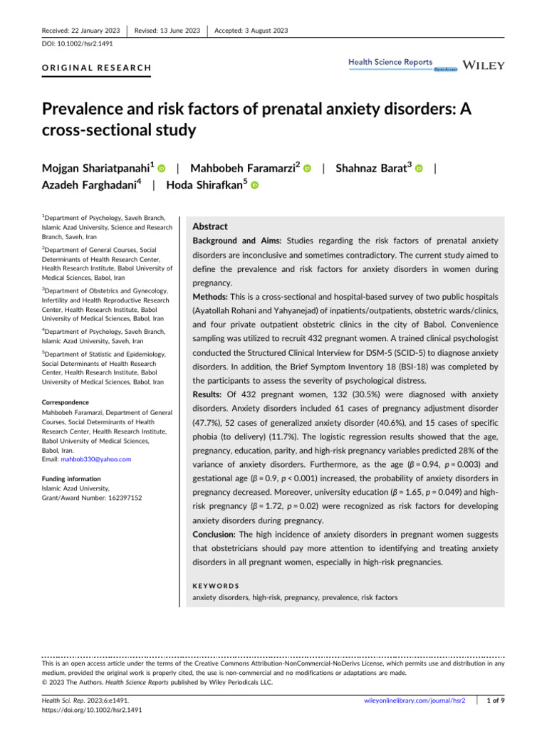 Prevalence and Risk Factors of Prenatal Anxiety Disorders A Cross ...