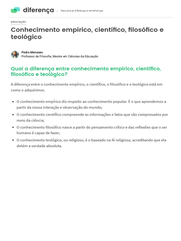 4 Tipos de Conhecimento - Empírico, Científico, Filosófico e Teol | PDF ...