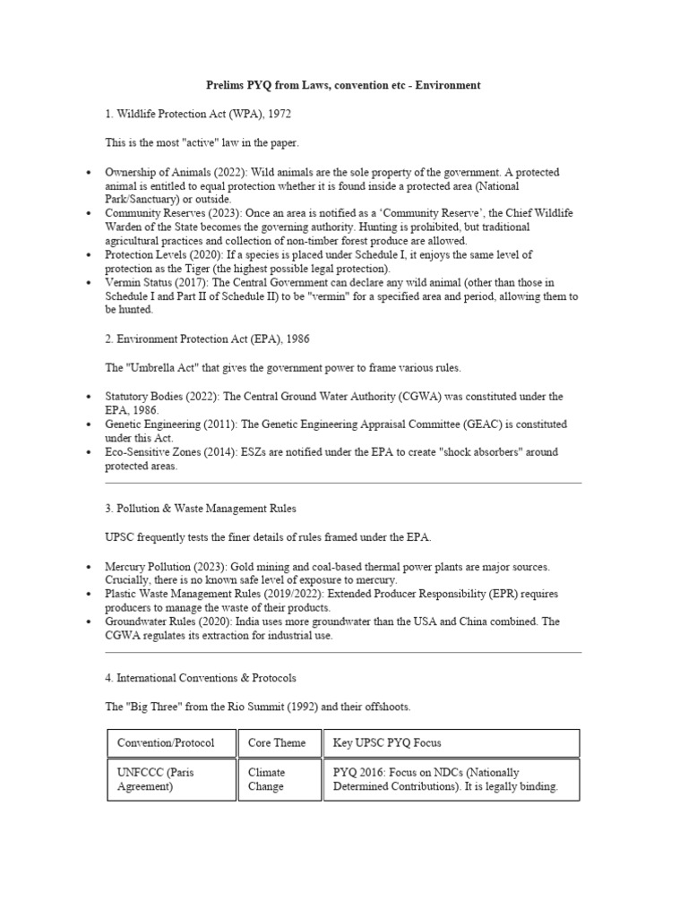 Prelims PYQ From Laws, Convention Etc - Environment | PDF | United ...