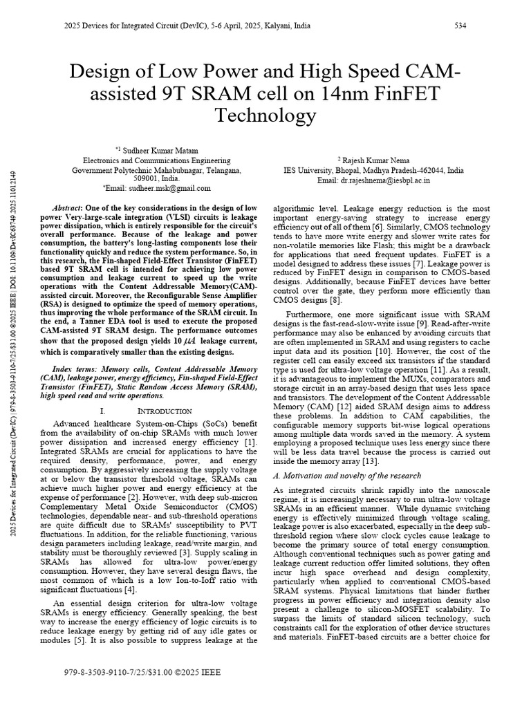 Design of Low Power and High Speed CAM-Assisted 9T SRAM Cell On 14nm ...