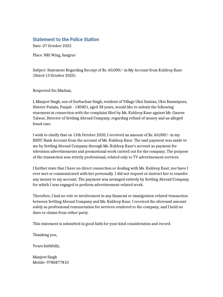 Statement Manjeet Singh Police Station | PDF