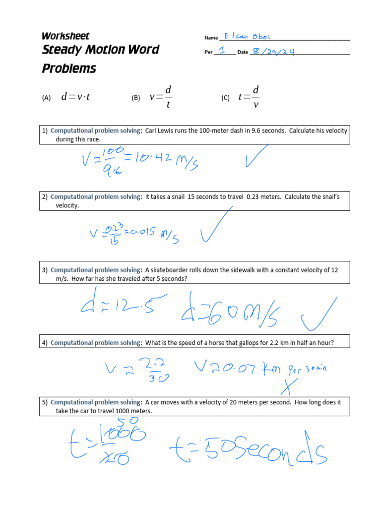 WS Steady Motion Word Problems Fa24 | PDF | Speed | Temporal Rates