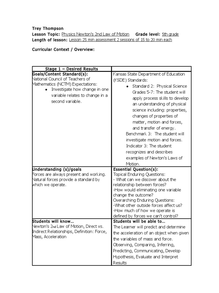 UBD Lesson Plan Newton's Laws Of Motion Physics