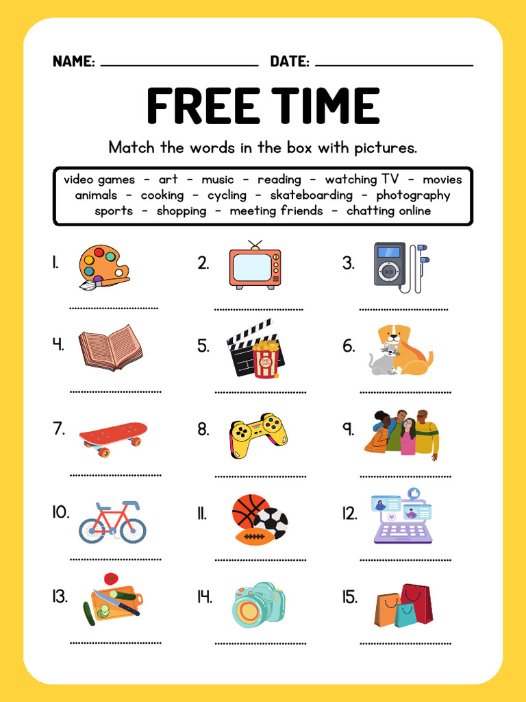 Free Time Activities, Hobbies and Interests Vocabulary Worksheet | PDF