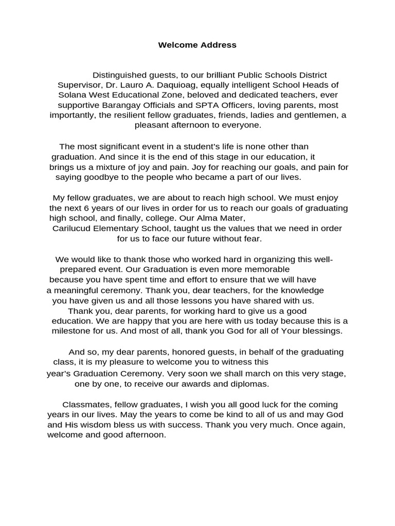 Welcome Address For Graduation | PDF