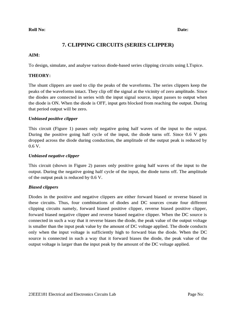 23EEE181 EEC Lab Sheet 7 Clipping Circuits (Series Clipper) | PDF