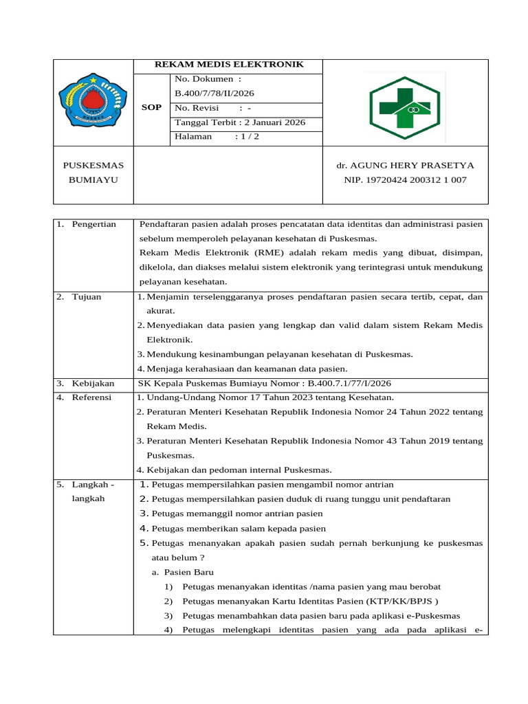 Sop Rekam Medis Elektronik Bumiayu-1 | PDF