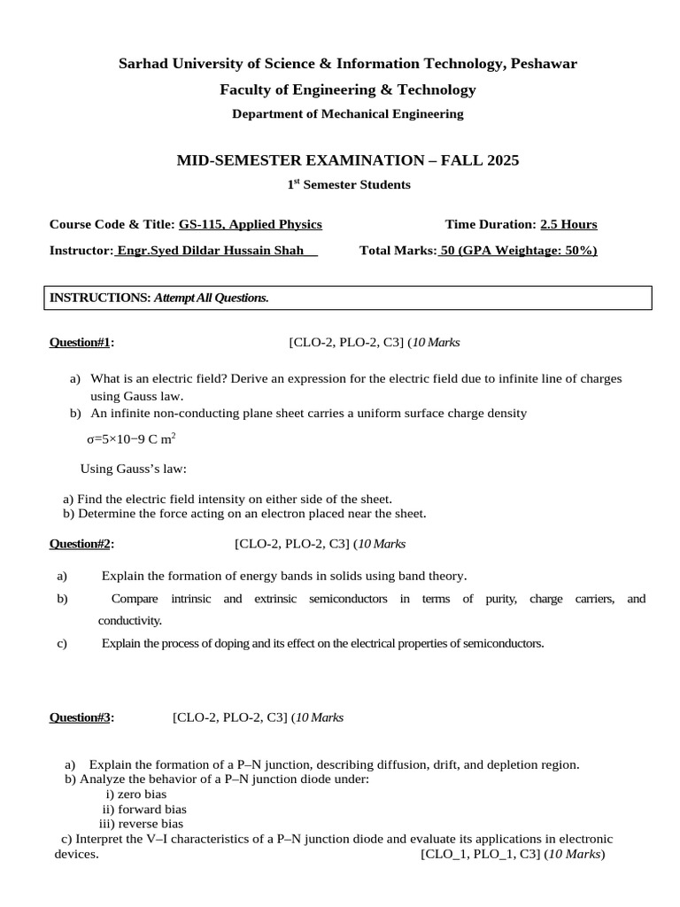 Mid-Semester Examination (Course Name) - Fall 2025 | PDF