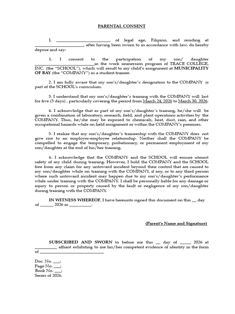 BAY BATCH 4 Parental Consent For Work Immersion | PDF