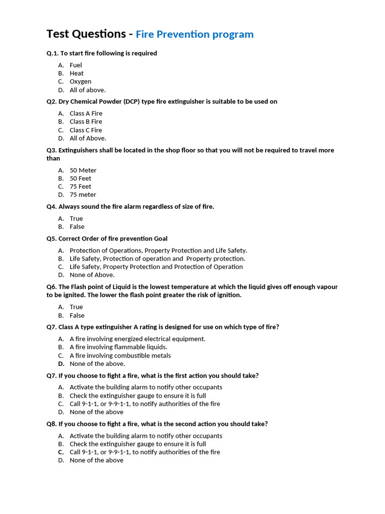 Test Questions - Fire Prevention Program | PDF