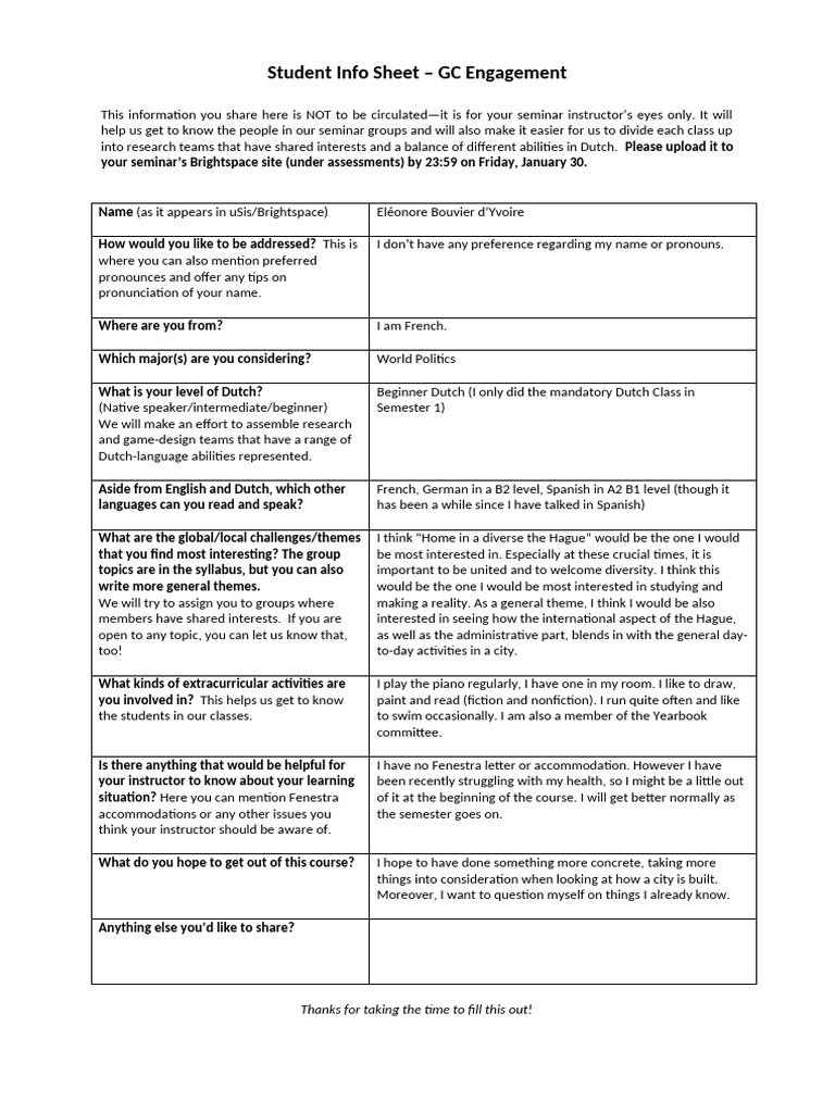 Student Info Sheet - GC Engagement | PDF