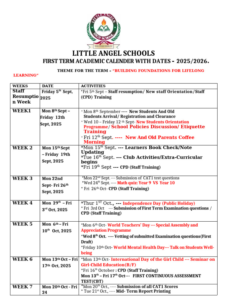 First Term Academic Calendar 2025-2026 Session - Little Angel Schools ...