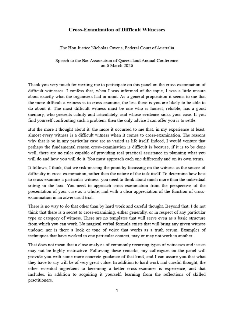 Owens J Cross Examination of Difficult Witnesses 1773927592 | PDF ...
