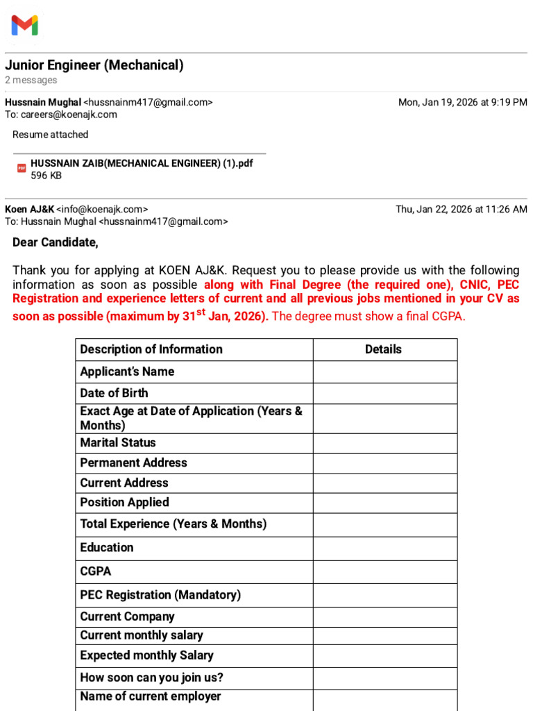 Gmail - Junior Engineer (Mechanical) | PDF