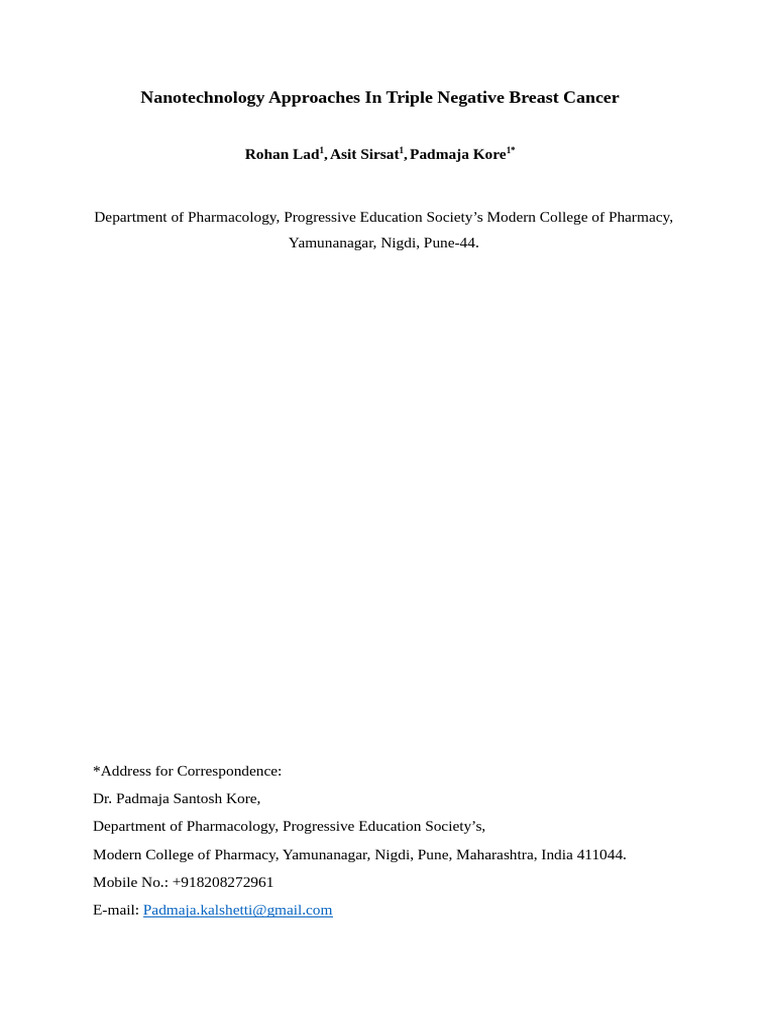 Nanotechnology Approaches in Triple Negative Breast Cancer 34 New | PDF