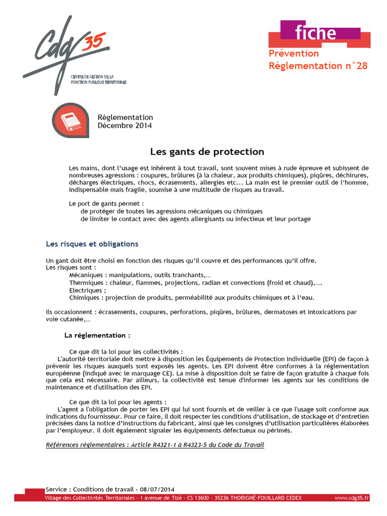 Reglementation Fiche n28 Les Gants de Protection | PDF
