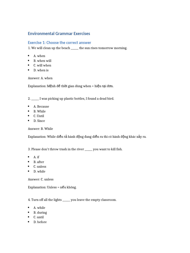 Environmental Grammar Exercises: Exercise 1: Choose The Correct Answer ...
