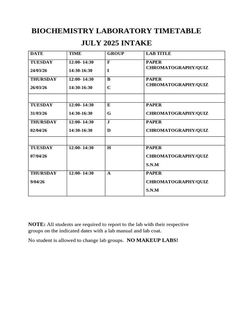 Biochemistry Laboratory Timetable July 2025-1 | PDF