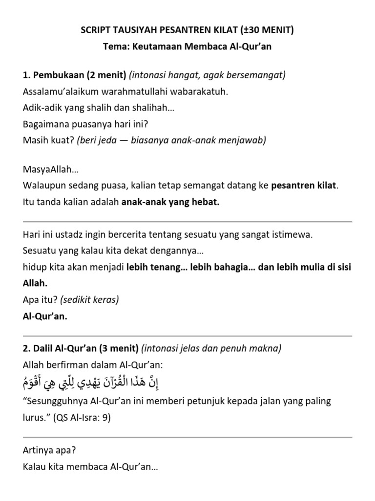 Berikut Script Tausiyah Keutamaan Membaca Al-Qur'An | PDF