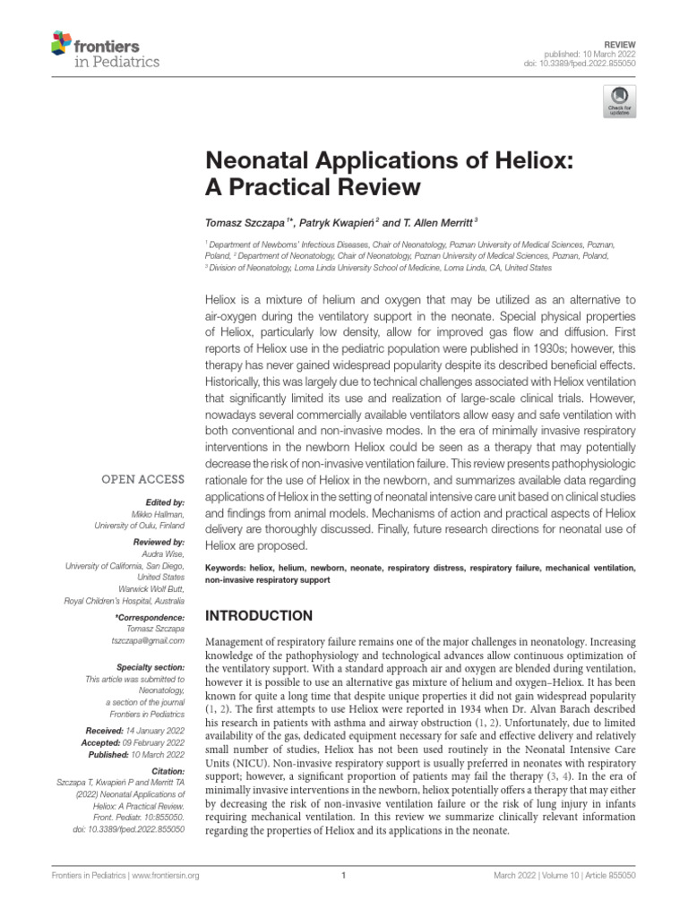 Aplicação Do Heliox em Neonatal Revisão Prática Szczapa 2022 | PDF ...