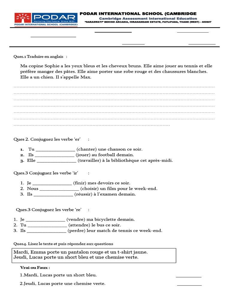 Grade 5 French Revision Worksheet 3 - 260224 - 122013 | PDF