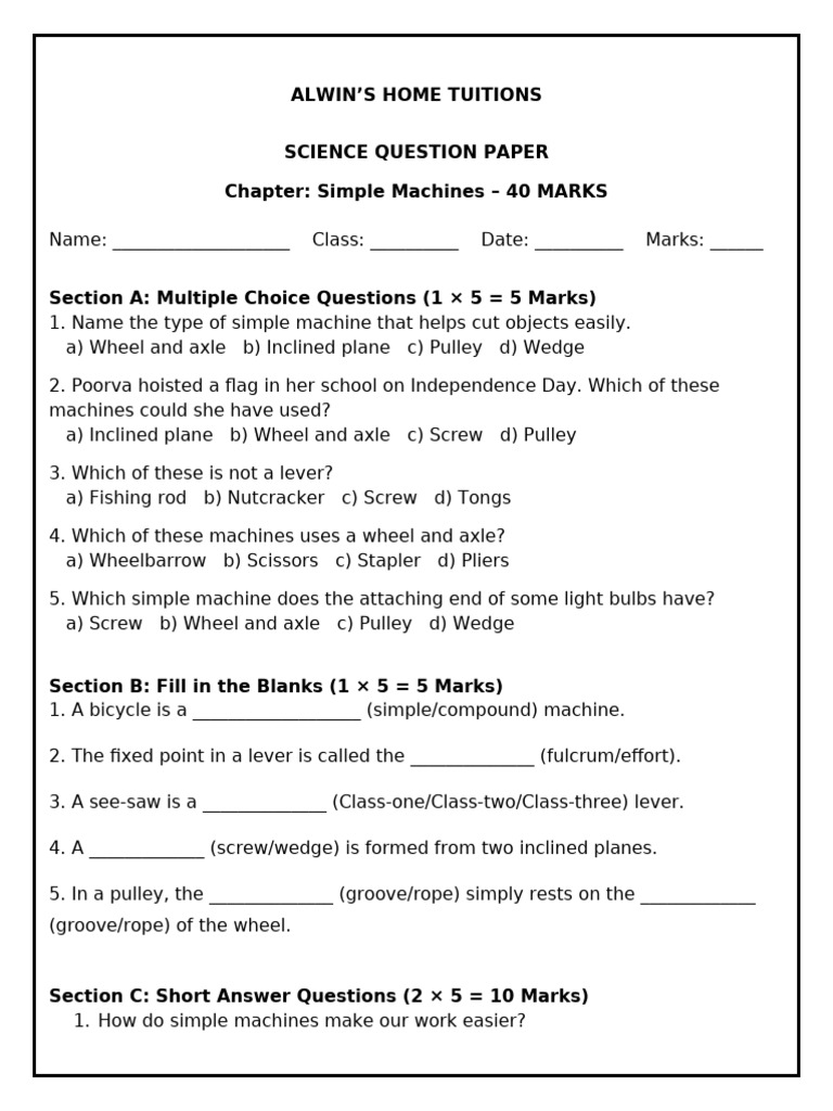 Simple Machines Question Paper | PDF | Machines | Lever