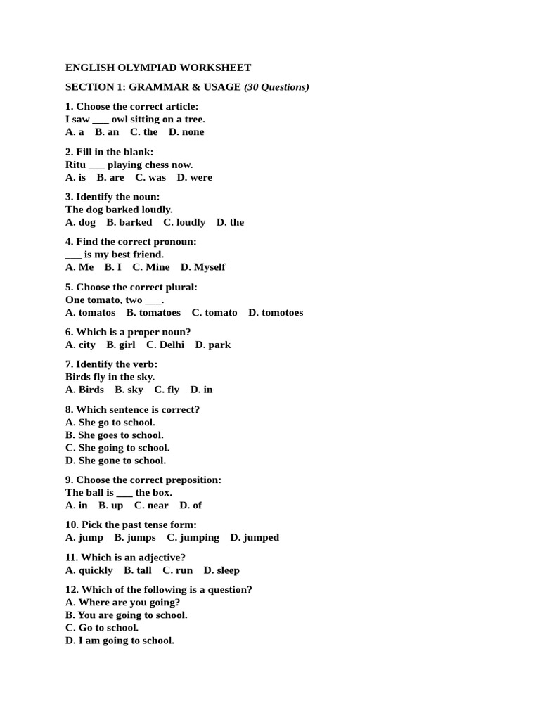 English Olympiad Worksheet | PDF | Verb | Linguistics