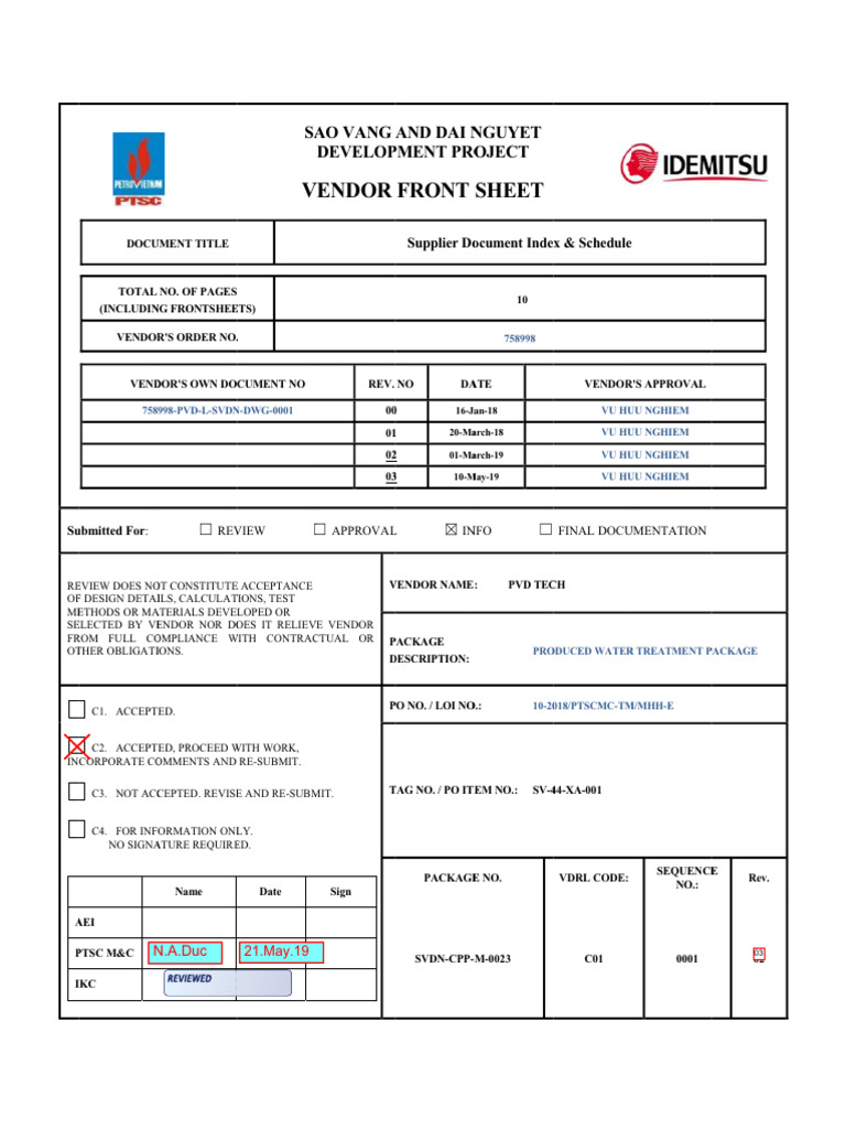 SVDN CPP M 0023 C01 0001 Rev.03 Supplier Document Index & Schedule ...