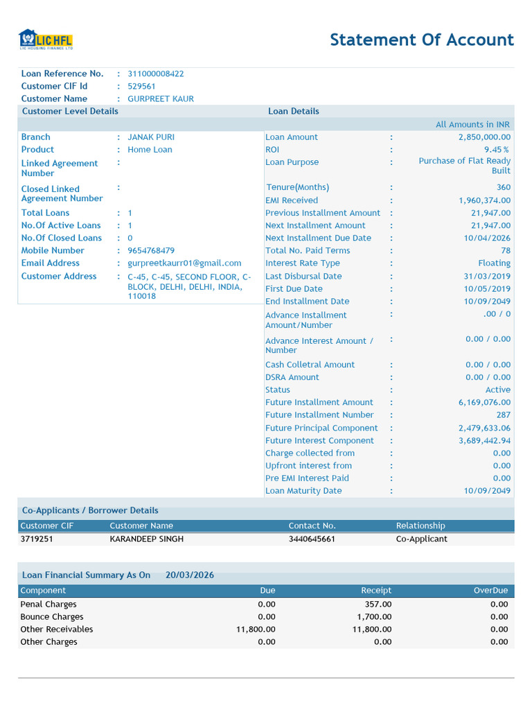 Loan Ledger - LIC HFL - 2025-2026 | PDF