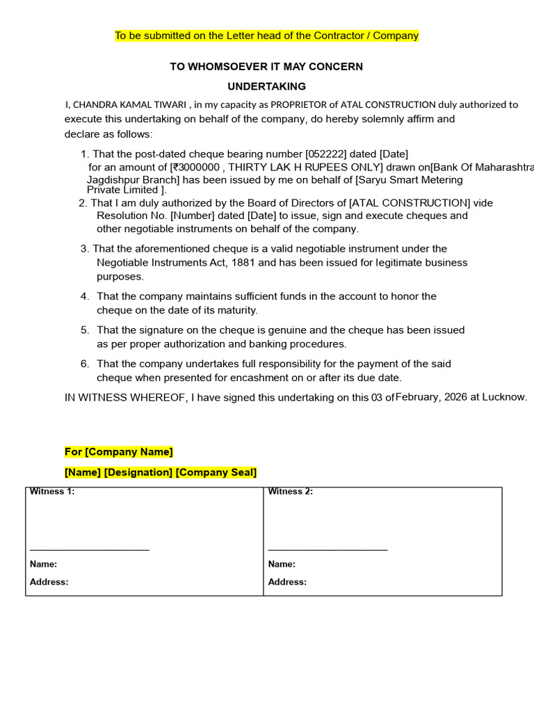 Format For PDC Undertaking | PDF