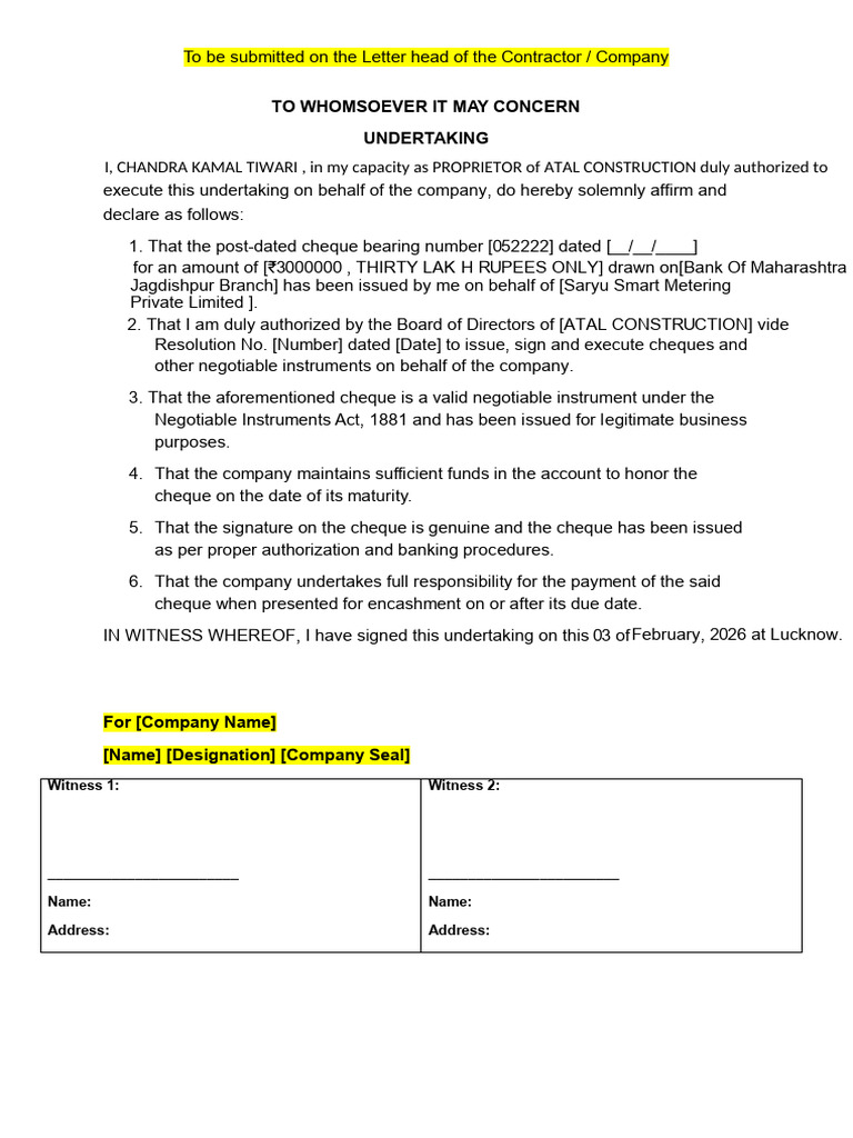 Format For PDC Undertaking | PDF