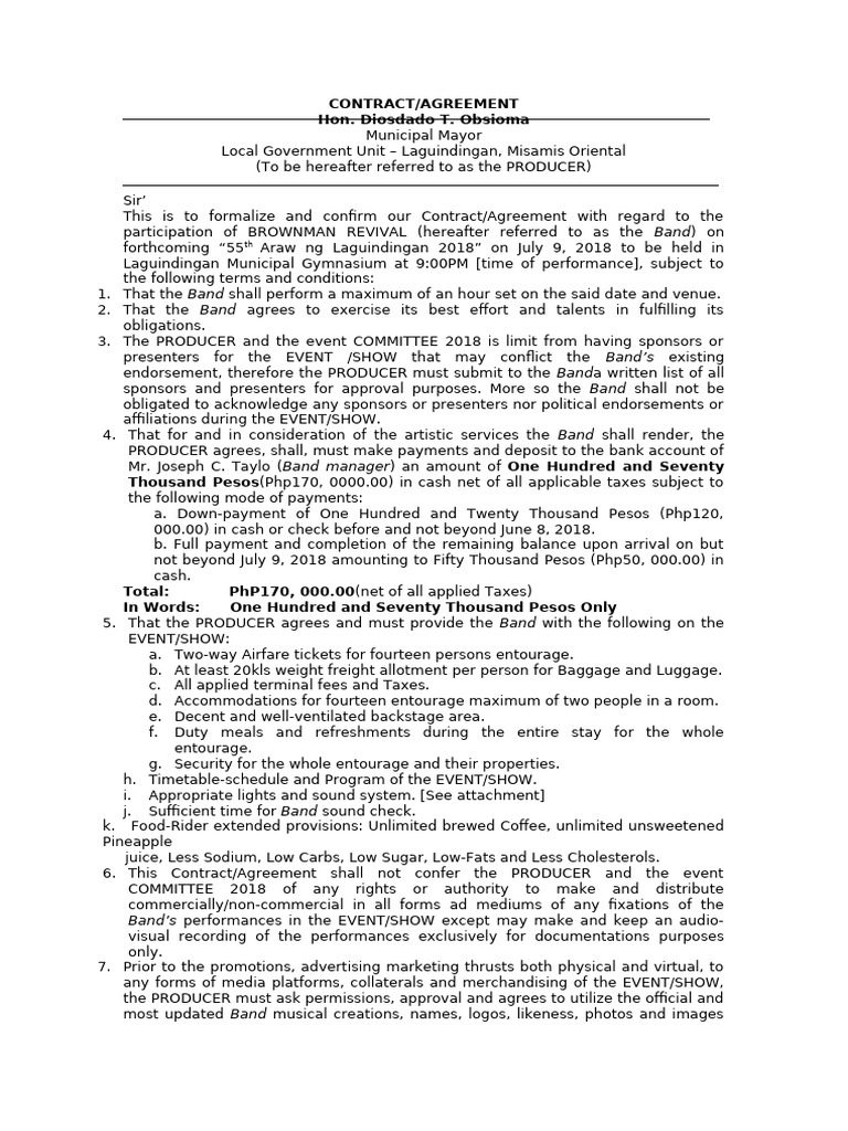 Sample CONTRACT Agreement With Band | PDF | Justice | Crime & Violence