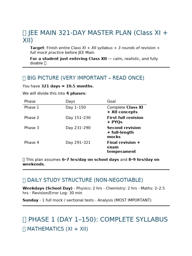 Jee Main 321-Day Master Plan (Class Xi + Xii) | PDF