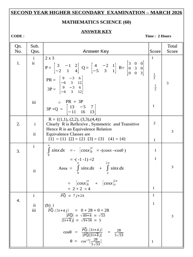 +2 Maths Exam Ans Key 2026 | PDF | Geometric Shapes