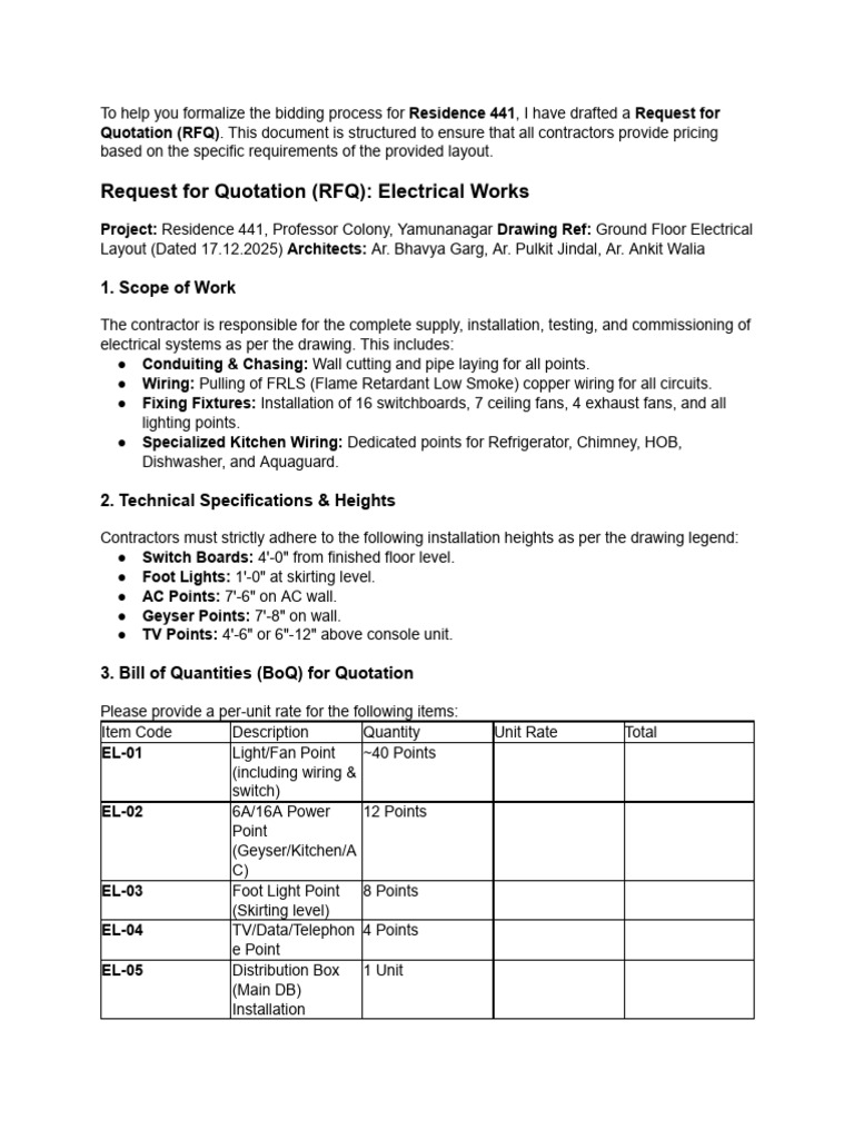 Request For Quotation (RFQ) : Electrical Works: 1. Scope of Work | PDF ...